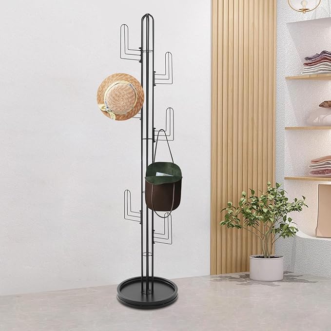 Cactus Coat Rack, Freestanding Coat Rack With 6 Hooks, Modern Metal Coat Racks with Round Base, Gold Cactus Shape Clothing Stand for Bedroom, Office (White)