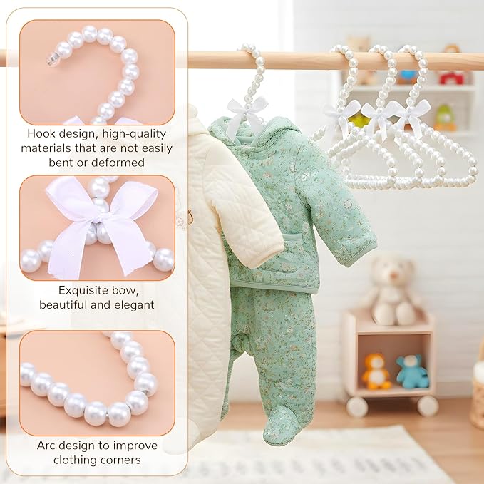 10Pcs Pearl Beaded Clothes Hangers, Mini Pearl Beads Small Metal Clothes Hangers with Ribbon, Elegant Standard Hanger for Women Dog Cat (White)