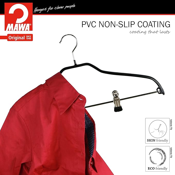 Mawa by Reston Lloyd Silhouette Series Non Slip Space Saving Hanger with Pant Clips, Style 40/FK, Set of 70, Black