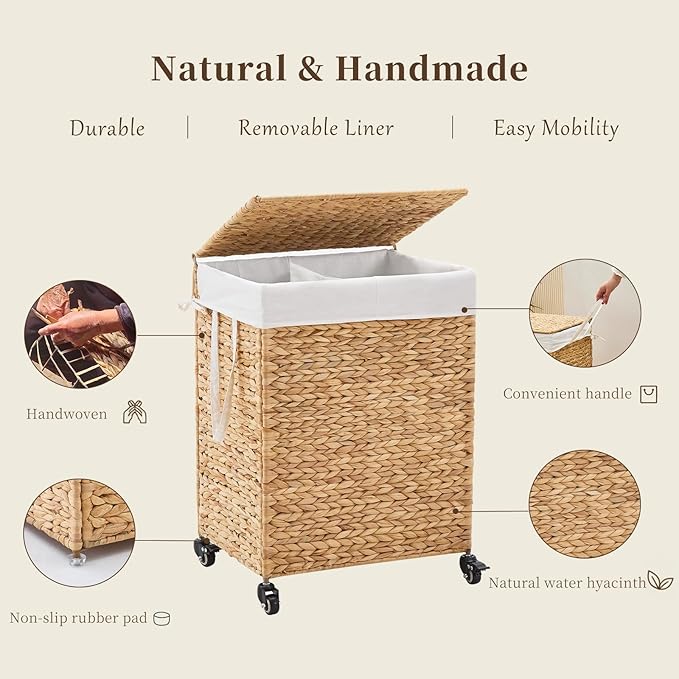 2-Section Laundry Hamper with Lid, Large Capacity Woven Natural Water Hyacinth Laundry Sorter with Removable Liners, Rolling or Non-Slip Design for Bedroom(Natural, 100L)