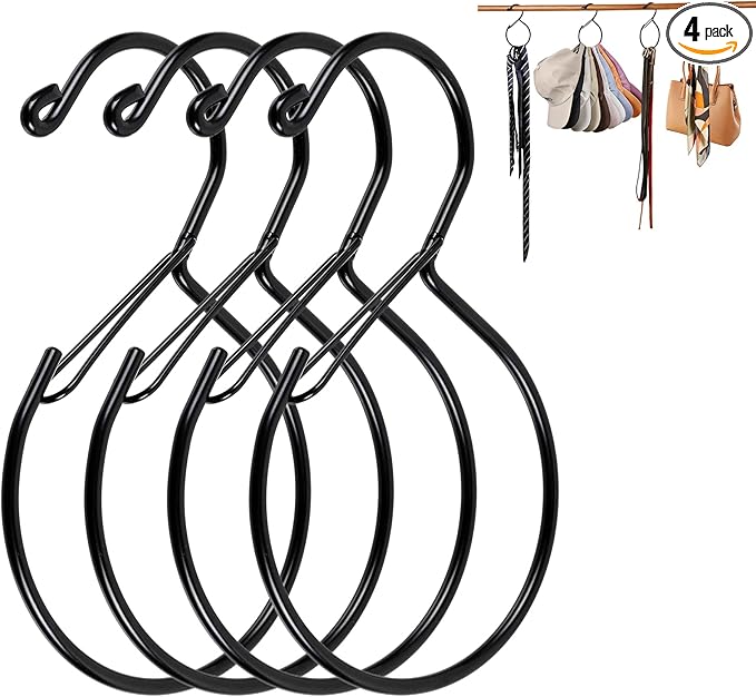 4Pcs Hat Hanger & Belt Hanger with Safety Clip for Closet, Black Baseball Caps Organizer for Closet, Hat Rack for Belt Ties Tank Tops