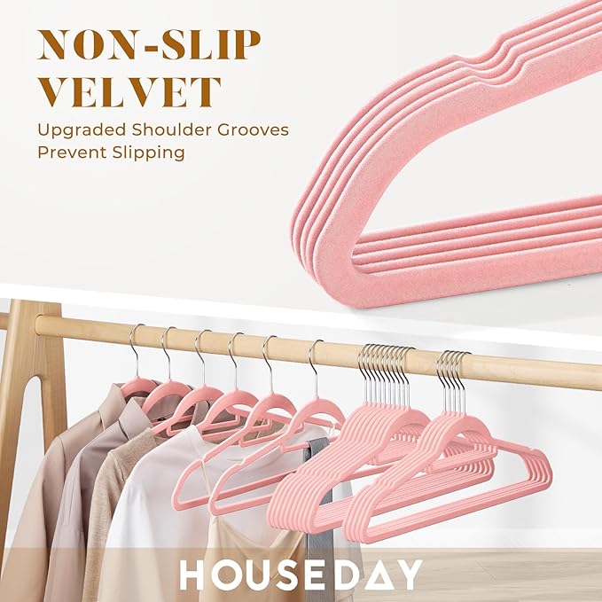 HOUSE DAY Velvet Hangers 60 Pack, Non-Slip Hangers with Tie Bar, Premium Standard Clothes Hanger Slim Felt Hanger 360° Swivel Hook for Closet Organized Storage Elegance Pink 72g/Pc