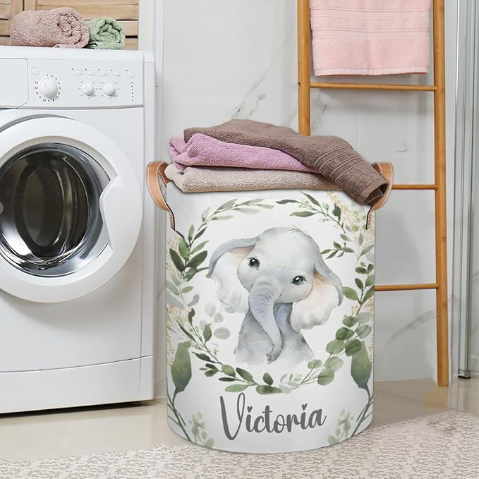 Personalized Laundry Basket, Custom Gift Laundry Hamper, Collapsible Nursery Waterproof Laundry Baskets, Dirty Clothes Toy Hamper with Handles Jungle Elephant