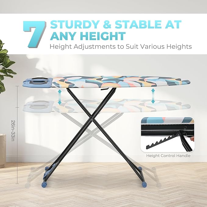 KINGBOARD Ironing Board, Metal Panel Foldable Iron Board with Rest, 7 Height Adjustable, Portable Ironing Board, Heavy Duty Folding Iron Stand with Hanger, 45 x 15, Deep Blue