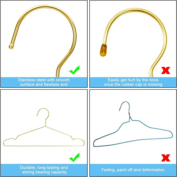 Gold Hangers for Clothes, Ultra Thin Metal Clothes Hangers Heavy Duty Coat Hanger for Dress Skirts Pants Bra Underwears, Space Saving Wire Suit Hangars Closet Organizer Dorm Room Essentials, 10 Pack