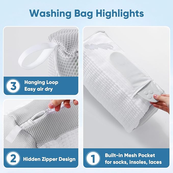 Shoe Washing Machine Bag 2pcs-Reusable Laundry Shoe Bag with Hidden Zipper, 360° Deep Protective XXL Cleaning Bags for Washer and Dryer，Shoe Trees for Sneakers Tennis- Home Travel Essentials, White
