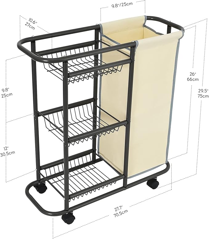 Laundry Sorter Cart Movable Bathroom Organizer Gray Laundry Storage Baskets with Heavy Duty Rolling Wheels 3-Tier Storage Shelves with 1 Bag for Clothes