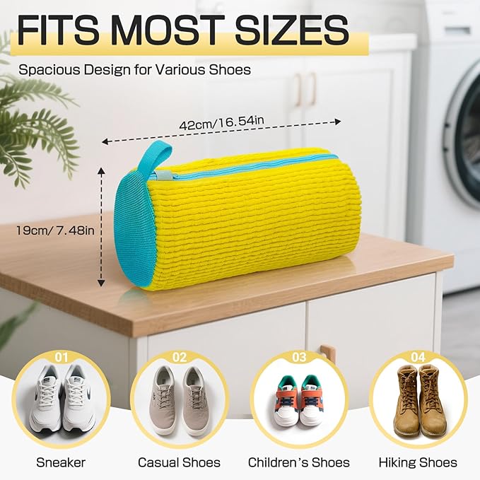 Shoe Washing Machine Bag,Reusable Laundry Cleaning bags for Washer and Dryer Fluffy Fibers 360° Wrap-Around Cleaning for All Shoes with Adjustable Shoe Trees & Dust-Proof Bag (Yellow 4Pcs)