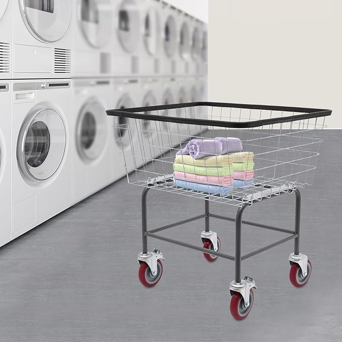 Steel Wire Laundry Cart with Wheels, Heavy-Duty Commercial Laundry Basket, 110 lbs Capacity Rolling Laundry Hamper for Home, Hotel, and Laundry Room