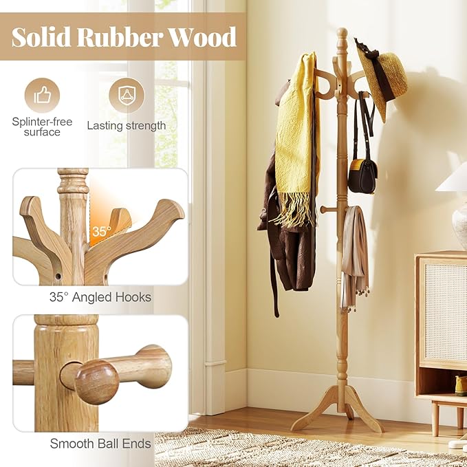 Tangkula Coat Rack Freestanding, Solid Rubber Wood Coat Tree with 11 Hooks and 3 Height Options for Coats, Hats, Bags, Purses, Clothes, Hanger Stand for Entryway Hallway Bedroom Office (Natural)