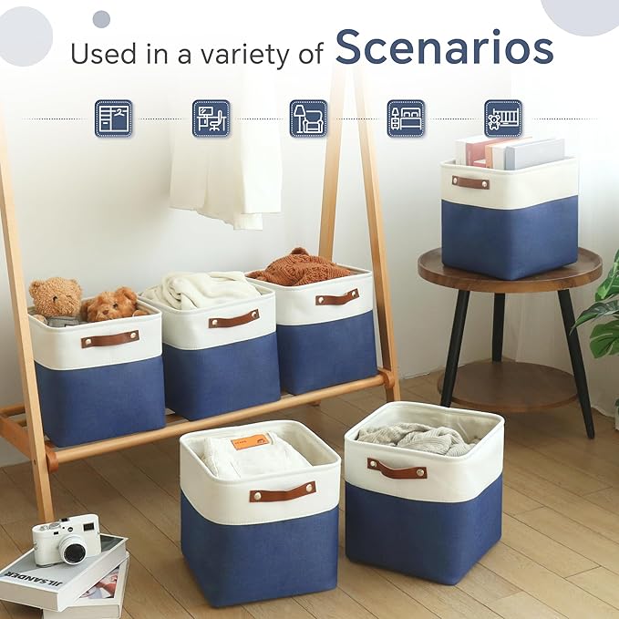 Cube Storage Baskets 6 Pack, 11x11 inch Cube Storage Bins with Leather Handles for Shelf Closet (White/ Blue)
