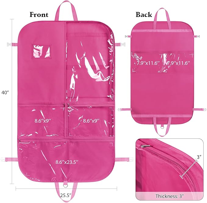 Univivi Rose Red Dance Costume Bags Garment Bag 40 Inch for Dance Competitions, 3 Medium Clear Zipper Pockets and 2 Back Zippered Pockets, with 1 xPendant, 3 x Badge（2 Pack）