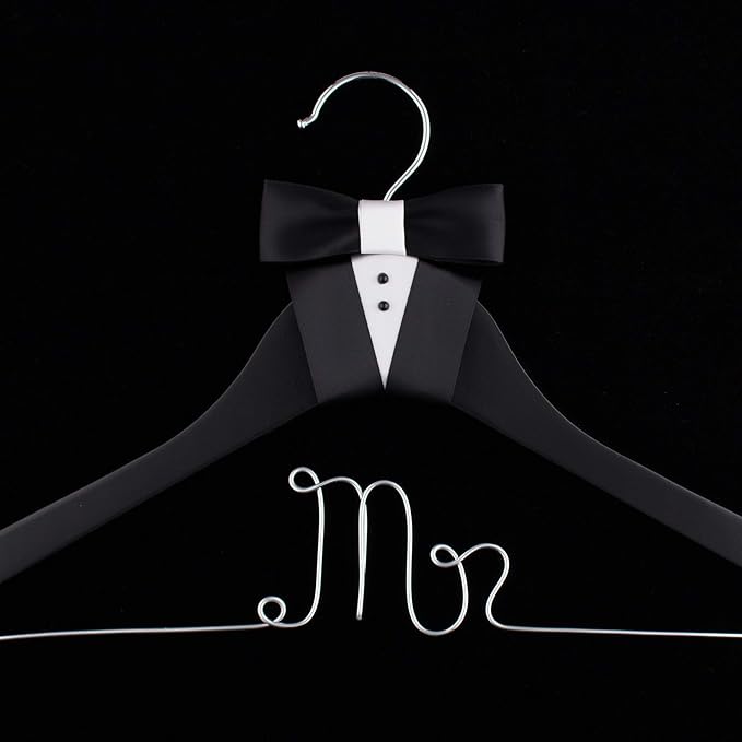 Ella Celebration Mr Wedding Groom Hanger Black Wooden and Silver Wire for Tuxedo or Suit, Hangers for Grooms and Weddings (Mr)