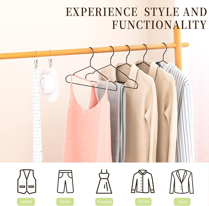 60Pack+10 Clips Luxurious Hanger Set ，16.69" Heavy Duty Matte Black Metal HangersWithstands 50lbs Weight Smooth Powder Coated Finish Compact Shirt Hangers