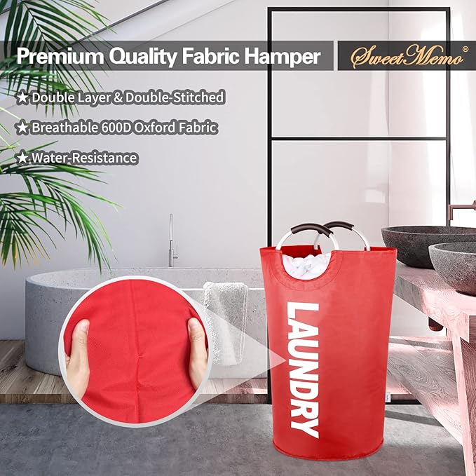 Large Laundry Basket Collapsible，Freestanding Clothes Hamper Bag with Handles – Tall Folding Dirty Laundry Bin，Sturdy Laundry Sorter for College Dorm，Laundry Room – 130L (Red)