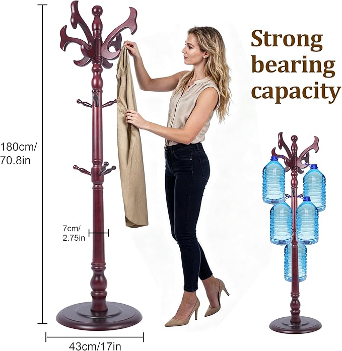 Free Standing Coat Rack with 14 Hooks, Vintage Wooden Coat Tree, Adjustable Height 73 Inches, Retro Coat Stand for Entryway, Living Room, Office & Bedroom (Mahogany) (fishtail, 1 PCS)