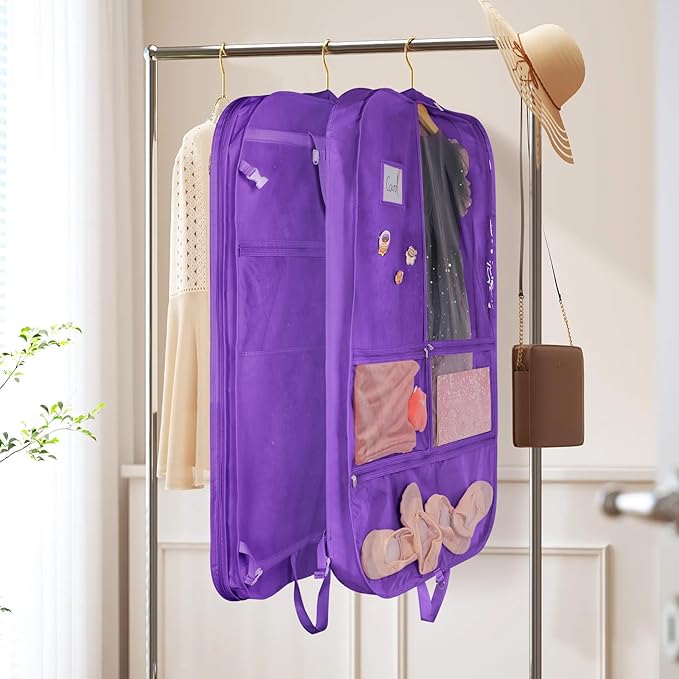 Univivi Dance Costume Bags Garment Bag 40 Inch for Dance Competitions, 3 Medium Clear Zipper Pockets and 2 Back Zippered Pocket, with 1 xPendant, 3 x Badge (Dark Purple)