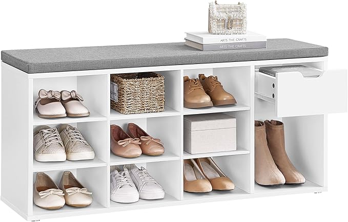 VASAGLE CUSTOS Collection - Storage Bench, Entryway Bench with Cushion, Drawer and Open Compartments, Bench with Storage, Living Room, Bedroom, Closet, White and Gray ULHS24WT