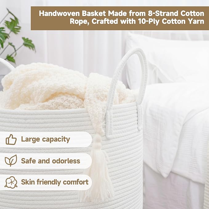 CLHMILY&Z Laundry Hamper Round Storage Rope Basket in Living Room, Bedroom, Laundry Room for Toy, Clothes, Blanket, Pillow (White, 80L)
