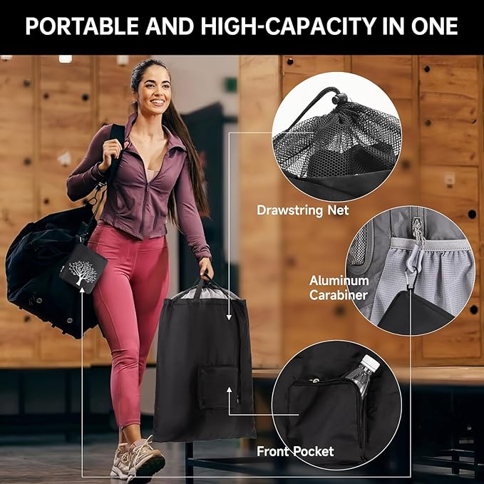 2 Packs Travel Laundry Bags, CLEADUS Foldable Dirty Clothes Bag 【Upgraded】 with Drawstring Mesh, Handles, and Carabiner, Portable, Suitable for Travel, Gym, Camping (Black+Gray)