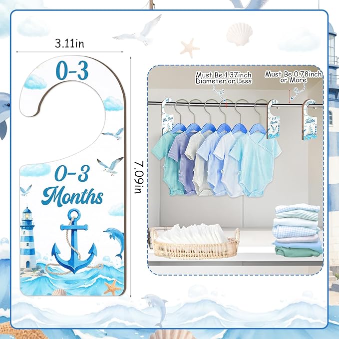 Baby Closet Dividers 8PCS, Nautical Themed Wooden Double-Sided Clothes Size Hanger/Organizer from Newborn to Toddler for Nursery Decor Baby Shower Birthday Gender Reveal Party Gift