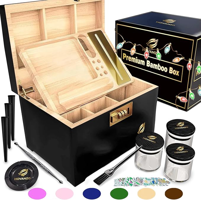 HOVANZO Premium Large Bamboo Storage Box with Removable Tray - Storage Wood Box for Herbs and Accessories - Storage Box Set with Combination Lock - Smell Proof Container with Accessories