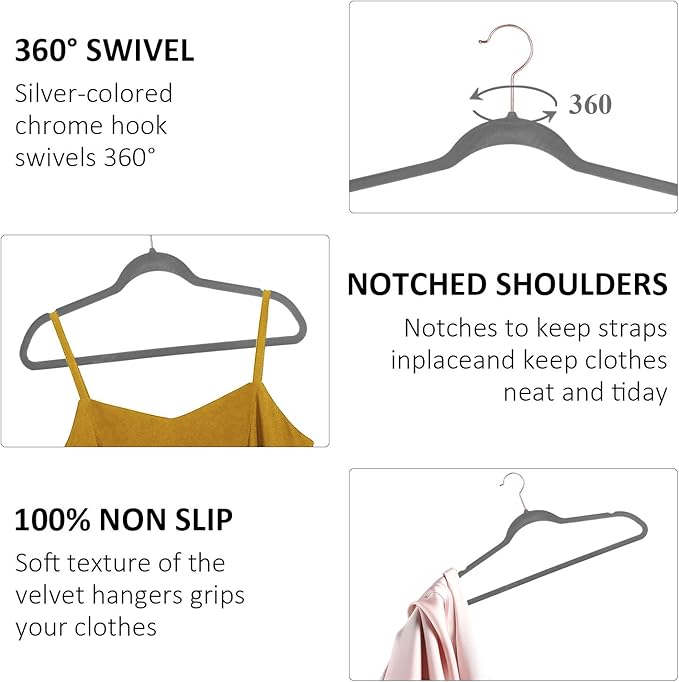 VECELO Premium Velvet Suit Heavy Duty-Non Slip & Space-Saving Clothes Hangers with 8 Finger Clips and Tie Rack for Men and Women (60 Pack), Gray