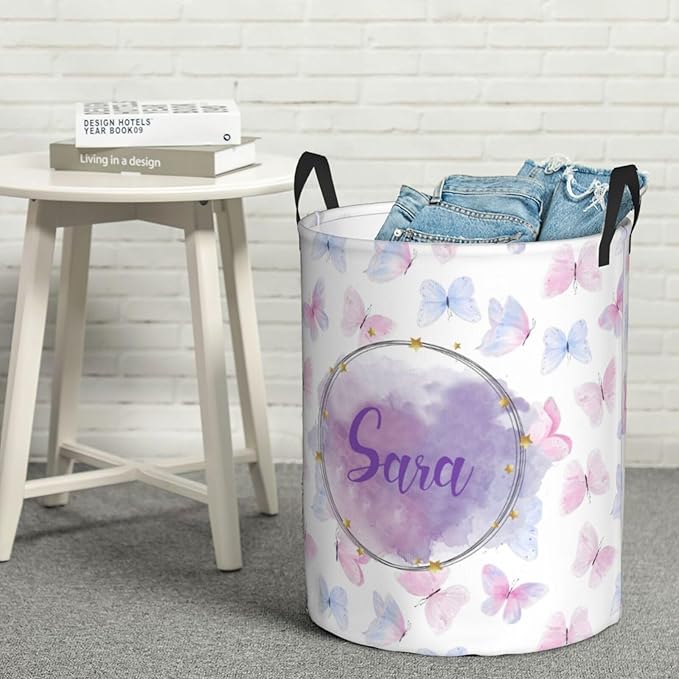 Personalized Laundry Basket for Nursery, Custom Nursery Laundry Hamper with Name, Customize Baby Clothes Circular Hamper for Boys Girls Room Decor, Colorful Butterfly