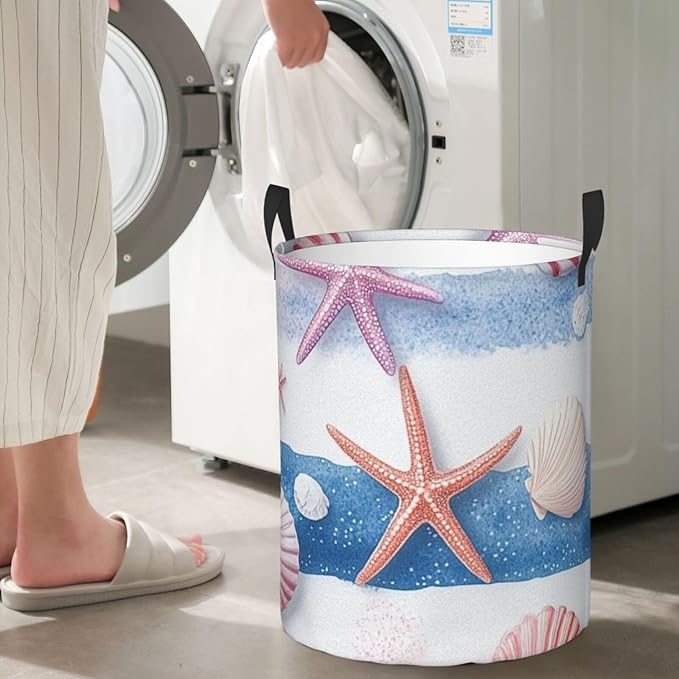Ocean Seashell And Starfish Print Laundry Basket For Storage Bins Gift Baskets Bedroom Clothes Hamper