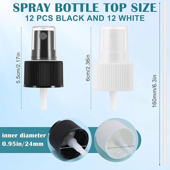 24 Pack Spray Bottle Top, Spray Bottle Nozzle Replacement, 24/410 Fine Mist Spray Caps with 5.9" Dip Tube, Plastic Sprayer Pump for Toners and Essential Oil Bottles, Home, Kitchen Black,White