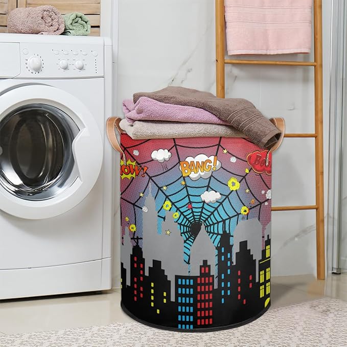 Dirty Clothes Hamper for Boys Laundry Basket City Skyline Spider Web Collapsible Large Round Storage Bin Organizer for Living Room Bedroom Playroom