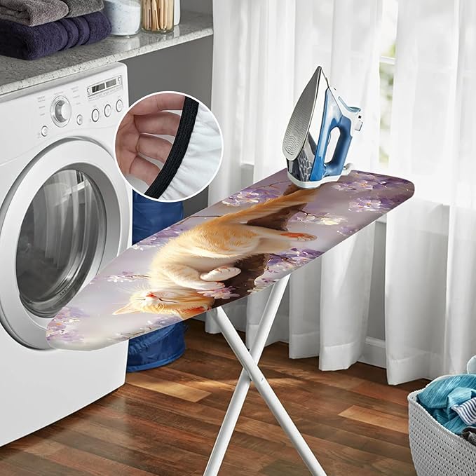 Nuxovilar Sleeping Orange Kitten Among Blossoms Ironing Board Cover, 15×54inch, This Cover Fits Most Standard Boards, Dust - Proof Ironing Accessory for Home Decoration