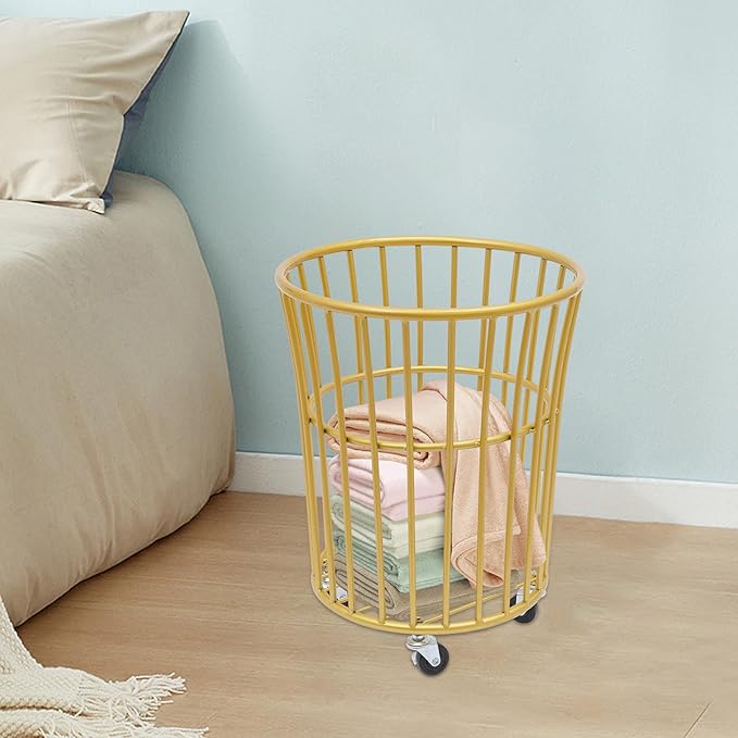 Metal Laundry Basket, Rolling Laundry Hamper with Wheels, Round Mesh Iron Basket Storage Clothes Organizer with Locking Casters for Laundry Room Bathroom Bedroom Closet Dorm (Gold)