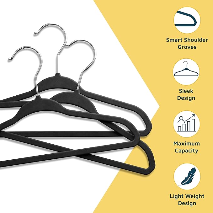 Black Velvet Kids Hangers 30 Pack, 10.83" Non-Slip Baby & Toddler Hangers for Clothes, Space-Saving Slim ABS Plastic with 360° Swivel Hook & Notched Shoulders, Up to 10 lb Capacity