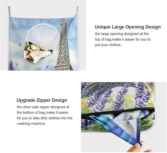 Hanging Laundry Hamper with Stainless Steel Hooks,Oxford Fabric Printing Door Laundry Clothes Bag, 29.5X20inch 2PCS Lavender Eiffel Tower Watercolour Blue