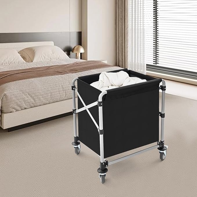 Commercial Laundry Cart with Wheels, 220lbs Capacity Foldable Rolling Laundry Hamper on Wheels, 24x20x32'' Big Laundry Basket with Removable Liner Bag for Home Hotel, Black