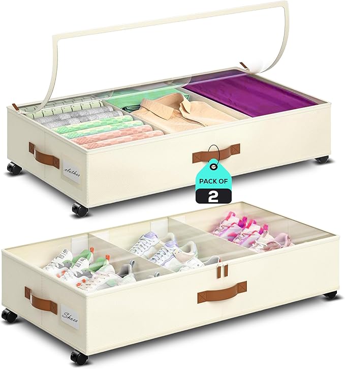 Underbed Storage with Wheels, 2 Pack (36L Each)| Low Profile Storage Organizer with Clear Window, Double Zipper & 360° Locking Wheels – Rolling Metal Drawer for Clothes, Shoes, & More (Beige)