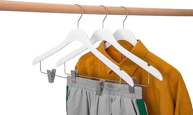 20 Luxury Ultra Thin Space Saving Wooden Skirt Pant Hanger with Adjustable Clips Best for Skirts, Pants, Shirts, Blouses, Dress, Hangers (White - Skirt/Blouse, 20)