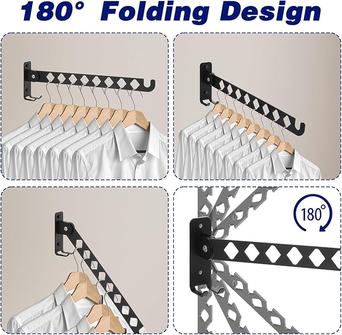 2Pcs Wall Mount Coat Hanger, Black Clothes Drying Organizer Rack, Retractable Folding Indoor Wall Mounted Holder, Closet Storage Organizer for Laundry Room Bedroom with 40cm Rod