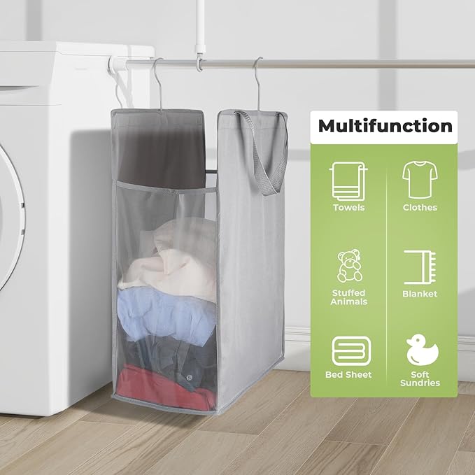 FENTEC Fentec Hanging Laundry Hamper, Hanging Laundry Basket, Slim Laundry Hamper Bag with Handles, Portable Hanging Closet Hamper, Mesh Heavy Duty Hanging Laundry Bag (Grey,1 Pack)