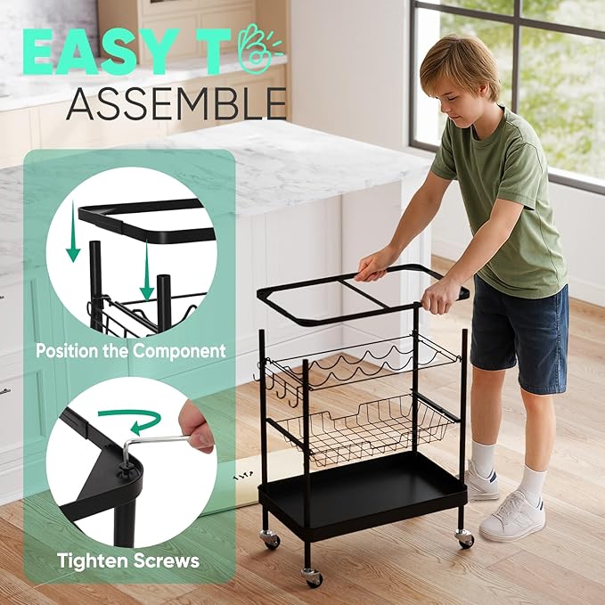 Sekey Rolling Kitchen Cart with Wine Rack, Bar Cart, Home Bar Serving Cart on Wheels with Hook, Mobile Beverage Microwave Carts, for Home, Living Room, Dinning Room, Black and Light Brown