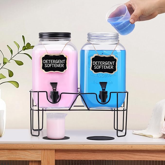 2 Sets 1 Gallon Glass Laundry Detergent Dispenser with Stand, Measuring Cup, Soap Dispenser for Laundry Room, Liquid Laundry Detergent for Liquid Detergent, Fabric Softener
