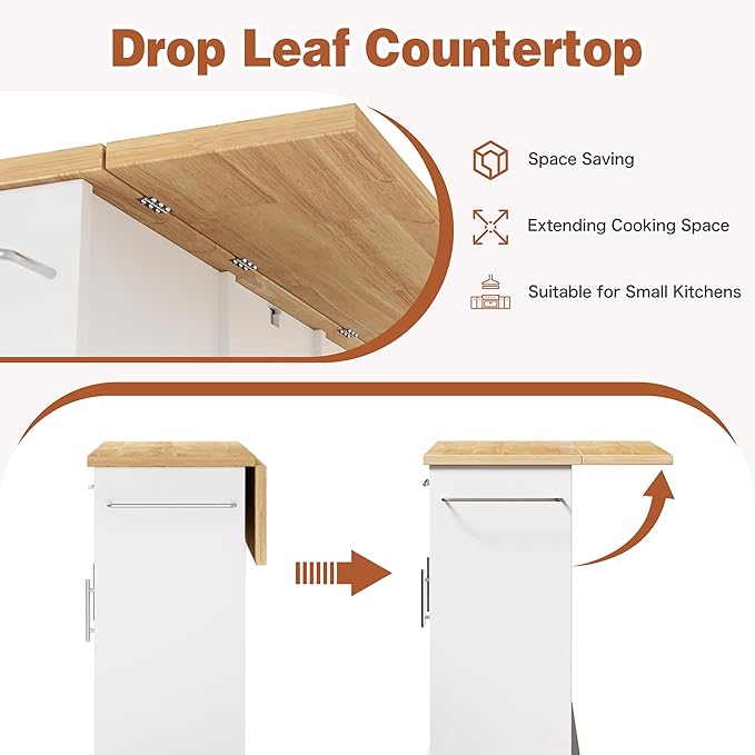 JY QAQA 42" Kitchen Island with Storage on Wheels, Rolling Table with Drop Leaf, Drawers, Cart Handle for Towel Rack or Free Movement, White