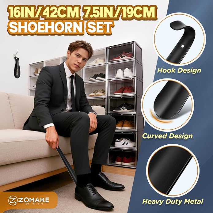ZOMAKE Shoe Horn Long Handle for Seniors Men Women,16.5" Metal Long Shoehorn for Boots Shoe Spoon Helper