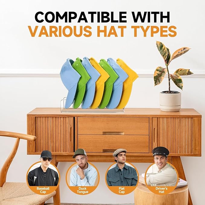 Acrylic Baseball Cap Organizer Rack 4-Pack - Holds 28 Hats, No Install Space Saving Display Stand for Closet, Bedroom, Entryway (Clear)