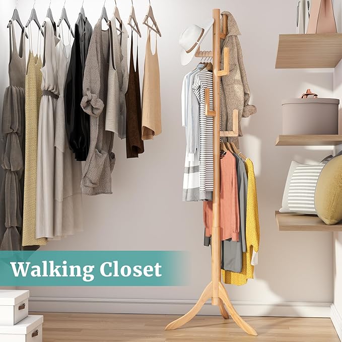 Coat Rack Freestanding, Bamboo Cactus Coat Tree, Adjustable Height Wooden Coat Stand with 6 Hooks, kids coat rack, Used In The Bedroom Living Room, Office To Hang Clothes, Hats, Bags
