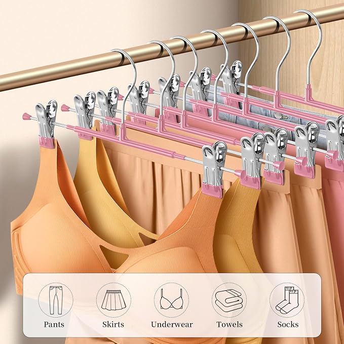 50PACK Pants Hangers with Clips Adjustable Skirt Hangers for Women Metal Non-Slip Trousers Hanger Heavy Duty Space Saving Clothes Hanger for Shorts,Jeans,12Inch,Pink