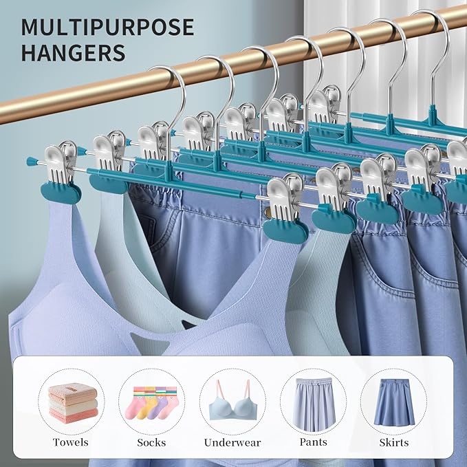 14Inch Clothes Pants Hangers with WideClips 10 Pack,Non-Slip Adjustable Skirt Hanger for Women,Space-Saving Heavy Duty Men Hangers for Pants,Trousers,Jeans,Shorts,Blue