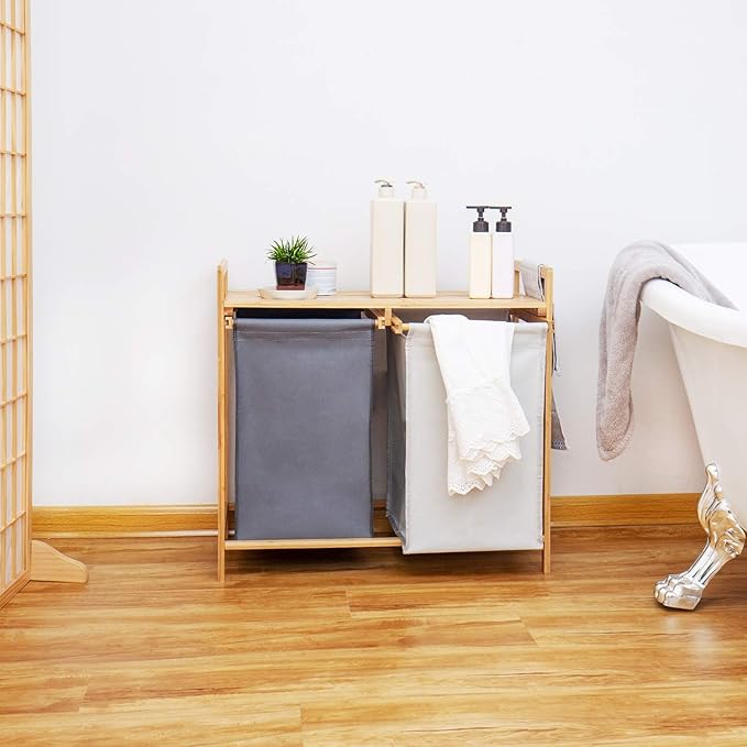 Bamboo Laundry Hamper and Shelf, 2 Sections Basket with Removable Liner, Dual Compartments Organizer and Storage, Wooden Sorter with Sliding Handles