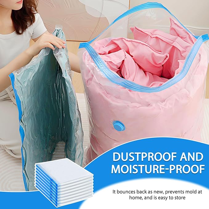 8 Pack Jumbo Vacuum Storage Bags, Vacuum Seal Bags for Clothing with Hand Pump, 80% Space Saver Bags for Clothes, Pillows, Comforters and Blankets, Home Travel Essentials